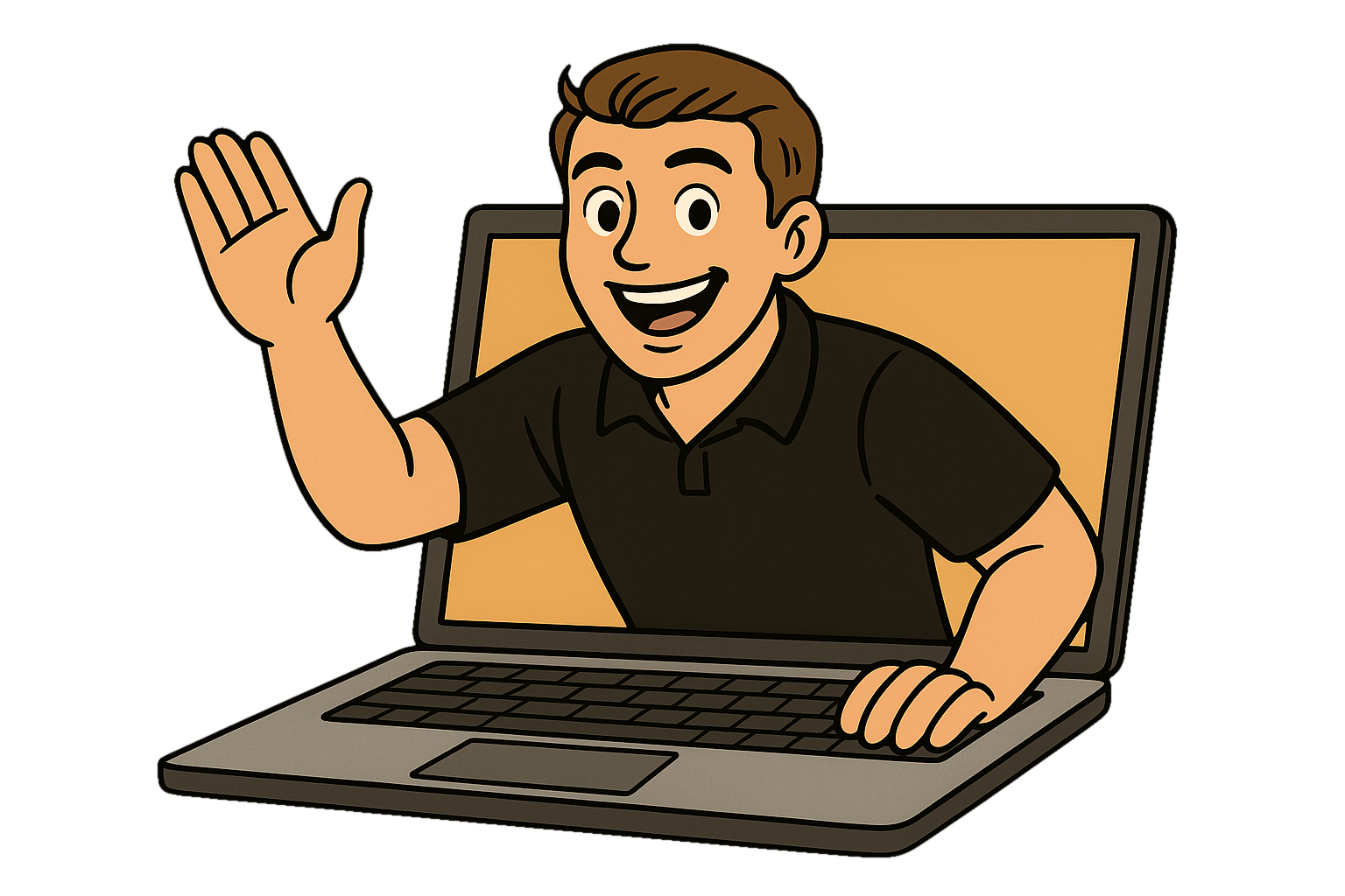 Cartoon of Andrew climbing out of computer